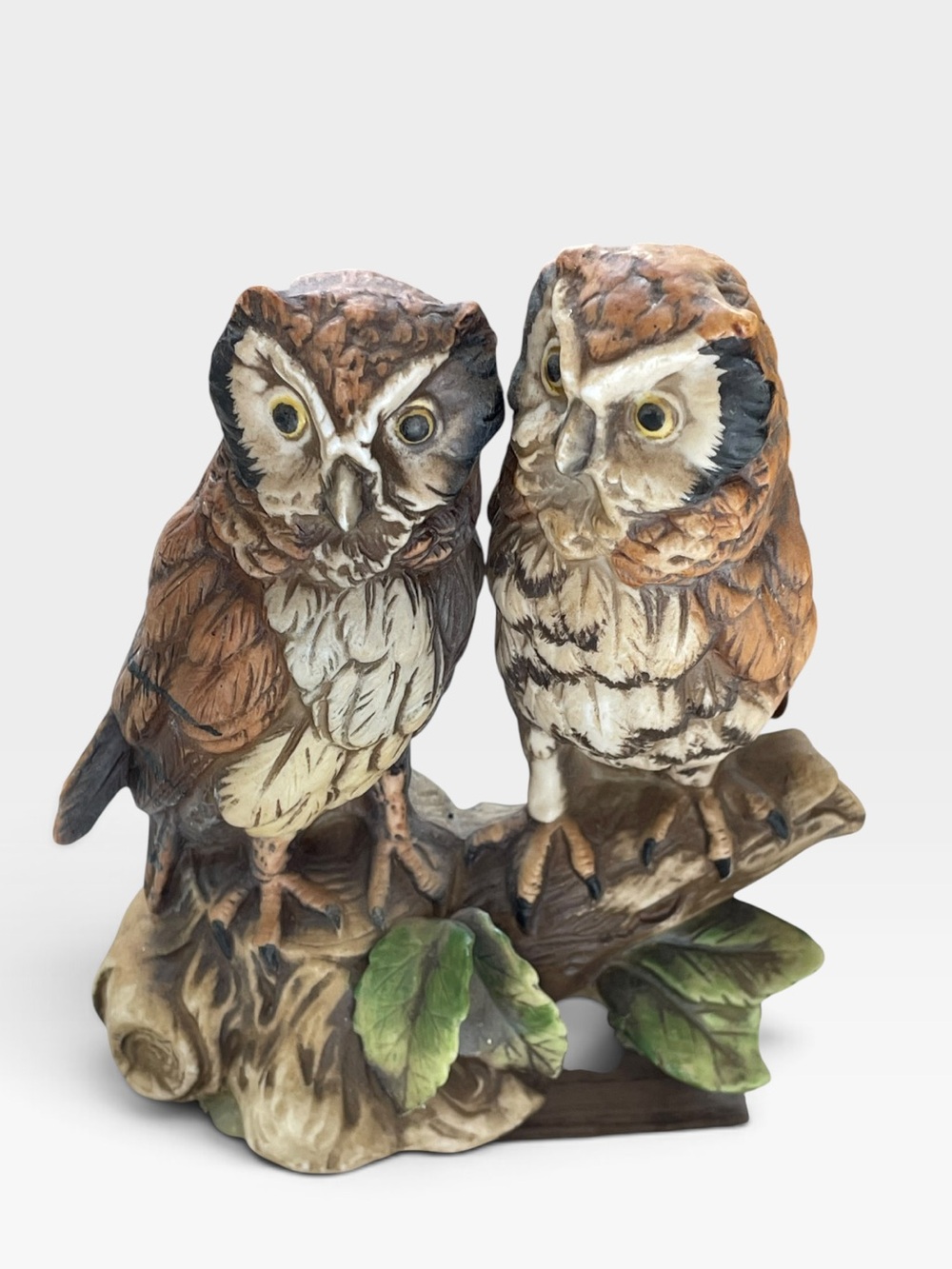Vintage 1970s ARDCO C-3718 Porcelain Double Owl Figurine Branch Taiwan 6”